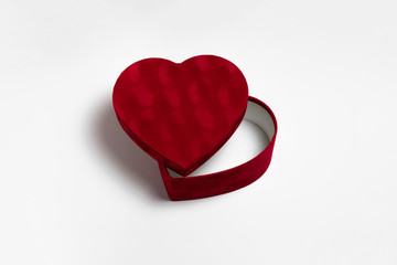 Red Heart Box for Valentine's day or special day in love concept. Open empty red gift box with a heart shape isolated on white background. High-resolution photo.Mock-up.