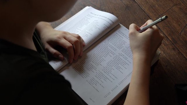 Young person studying english grammar at home .