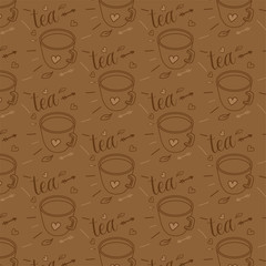 Tea cup hand drawn pattern. Background wallpaper. Tea art.