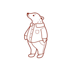 Fairytale animal characters - good bear in shorts and pants. Outline vector illustration with animal for nursery, kids apparel, poster, postcard.
