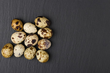 Quail eggs. Black slate background. Copy space Top view.