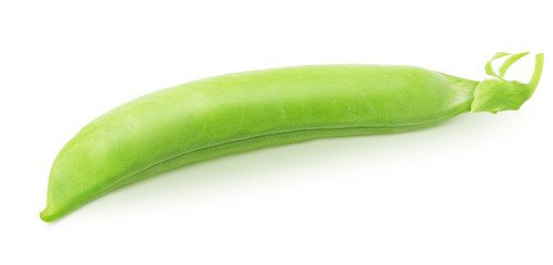 Closeup of whole green pea pod isolated on a white background.