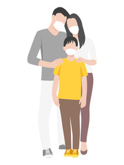 Family wearing protective a surgical mask for prevent Covid-19 Corona virus, dust, PM 2.5, air pollution, Health care concept