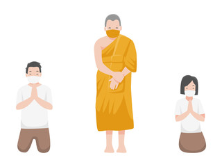 Social Distancing, Monk and People keeping distance for infection risk and disease ,wearing a surgical protective Medical mask for prevent virus Covid-19.Corona virus. Health care concept.