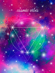 Obraz premium Sacred geometry inspired vector illustration with interlocking circles and triangles on cosmic background.