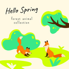 Cartoon banner with wild animal -  cartoon foxes in forest. Vector illustration in colorful style.