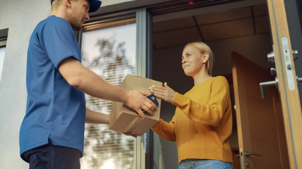 Beautiful Young Woman Opens Doors of Her House and Meets Delivery Man who Gives Her Cardboard Box...
