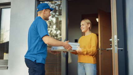 Beautiful Young Smiling Woman Opens Doors of Her House and Meets Pizza Delivery Man who Gives Her Cardboard Boxes Full of Tasty Steamy Pizza.