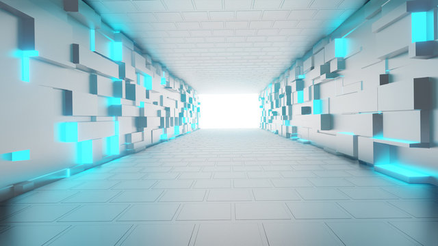 Futuristic Tunnel Empty. Illuminated corridor interior design, Neon Glowing Lights, 3D Rendering Illustration