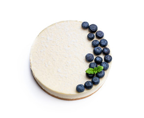 New york style cheesecake with fresh blueberry isolated on white