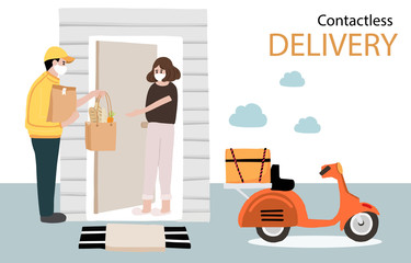 Online delivery contactless service to home,office by motorcycle. delivery man is waring mark to prevent coronavirus