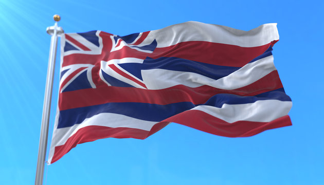 Flag of Hawaii state, region of the United States, waving at wind