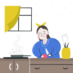 A vegan girl prepares food in the kitchen. Healthy eating as a lifestyle. Vector illustration in flat style. Hand-drawn - 337984998