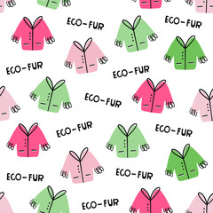 Vector seamless pattern with eco-fur coat. Let's keep the planet together. Doodle style and lettering - 337985164