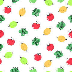 Vector seamless pattern with organic products. Vegetables, vegetarian menu, healthy lifestyle. The background for the packaging. Doodle style - 337985188