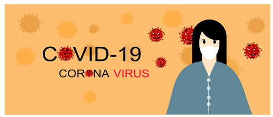 woman in white medical face mask and coronavirus red on orange background.Coronavirus-2019-nCoV .Banner Word design ,Vector illustration.