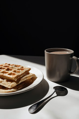 Toasts on white plate with cup of coffee 