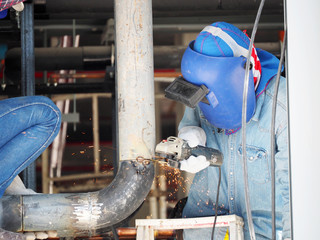 Welding work ,worker with protective welding metal on construction
