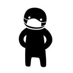 Protection from coronavirus infection. Silhouette of little man in medical face mask., isolated on white bacground, black and white vector illustration.