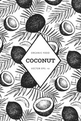 Naklejka premium Coconut with palm leaves design template. Hand drawn vector food illustration. Engraved style exotic plant. Retro botanical tropical background.