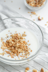 Fototapeta na wymiar Porridge flakes in a bowl with milk. Granola for Breakfast with yogurt and walnuts.