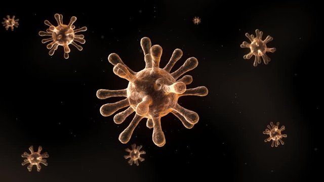 3D rendering animation, coronavirus cells covid-19. Global deadly viral infection. Glowing spinning virus flowing on dark background. Corona pandemic crisis. Microbiology And Virology Concept Covid-19
