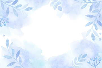 Watercolor blue background for invitations and cards. Blue twigs on a watercolor stain