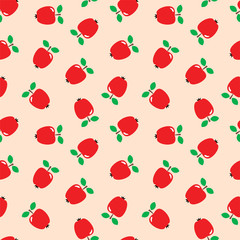 Fruit pattern. Seamless pattern of red apples in flat style on a light brown background. Vector 8 EPS.