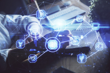 Social network theme hologram over woman's hands writing background. Concept of international people connect. Double exposure