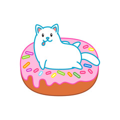 Cute cat and donut. Illustration of a washing up white kitten sitting on a pink glazed donut. Isolated objects. Vector 8 EPS.