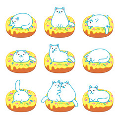 Set of cats and donuts. Illustration of funny white cats on yellow glazed donuts. Isolated objects. Vector 8 EPS.
