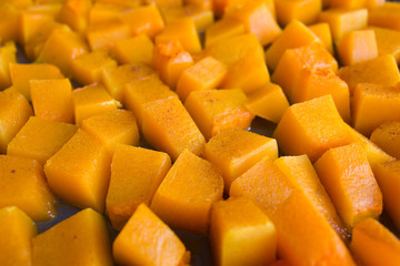 Baked pumpkin pieces. Selective focus