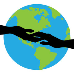 Vector illustration of world and connection hands on white background. Symbol of people and planet.