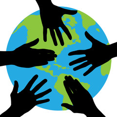Vector illustration of world and connection hands on white background. Symbol of people and planet.