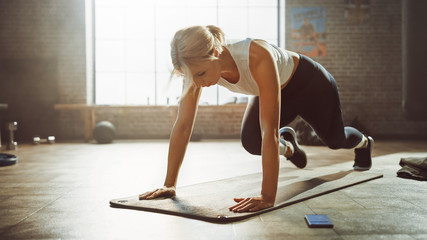 Beautiful and Young Girl Doing Running Plank Exercise on Her Fitness Mat. Athletic Woman Does Mountain Climber Workout in Stylish Hardcore Gym - obrazy, fototapety, plakaty