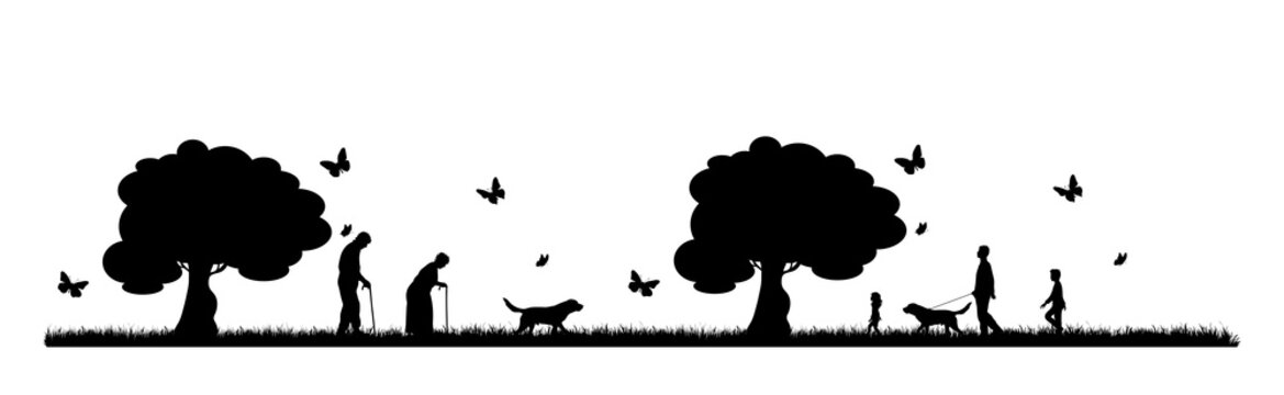 Vector silhouette of people walking with dog in park on white background. Symbol of nature and pet.