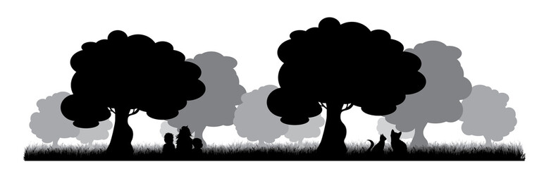 Vector silhouette of children playing under tree on white background. Symbol of nature and school.