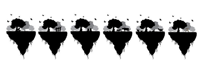 Collection of vector silhouette of piece of land with trees and different animals on white background. Symbol of nature and planet.