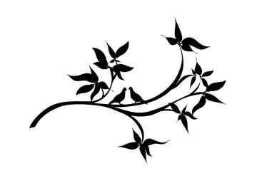 Vector silhouette of couple of birds sitting on branch with leaves on white background. Symbol of nature.