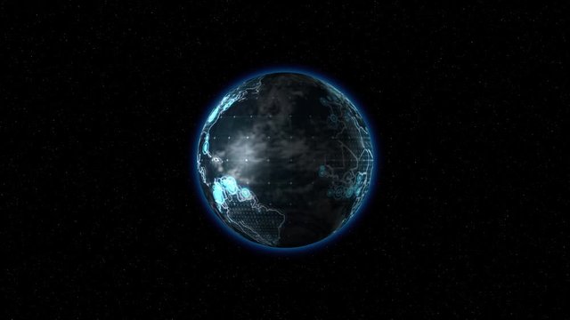 The earth with digital continents rotates