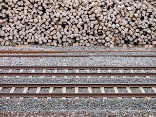 Rail tracks and piled railroad ties