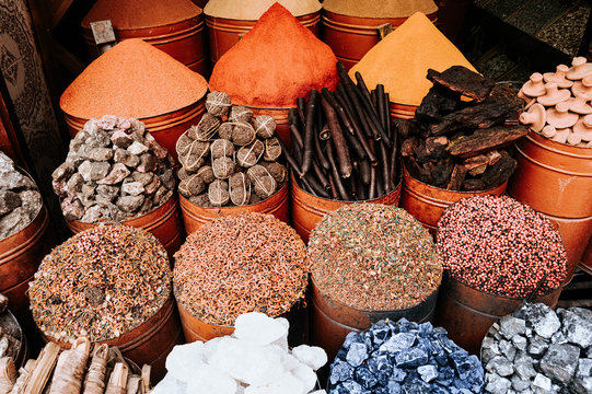 Tradicional colorful natural ingredients marrakech medina