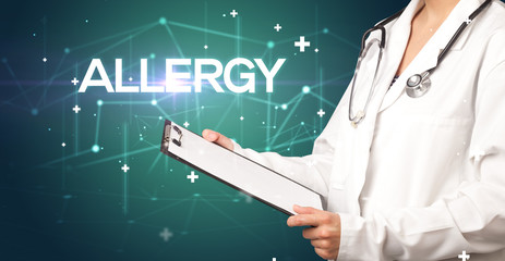 Doctor fills out medical record with ALLERGY inscription, medical concept
