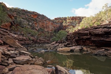 The rocks and cliffs  with Murchison River under the of Z-Bend lookout in Western Australia in late afteroon
