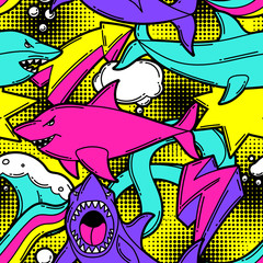 Seamless pattern with cartoon sharks. Urban colorful teenage creative background.