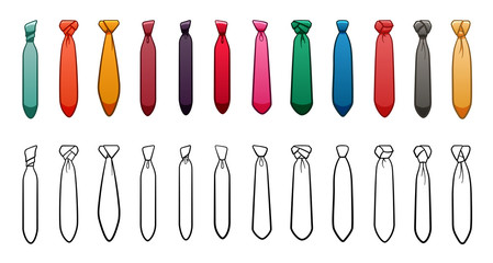 Colored and outline style neckties with different knots set on white background