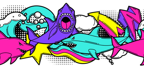 Seamless pattern with cartoon sharks. Urban colorful teenage creative background.