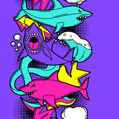 Obraz premium Seamless pattern with cartoon sharks. Urban colorful teenage creative background.
