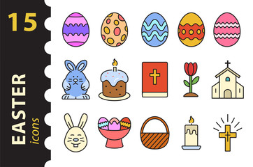Set of Easter icons in color. Vector Illustration in flat style.