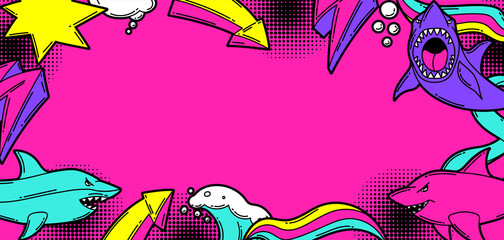Background with cartoon sharks. Urban colorful teenage creative illustration.